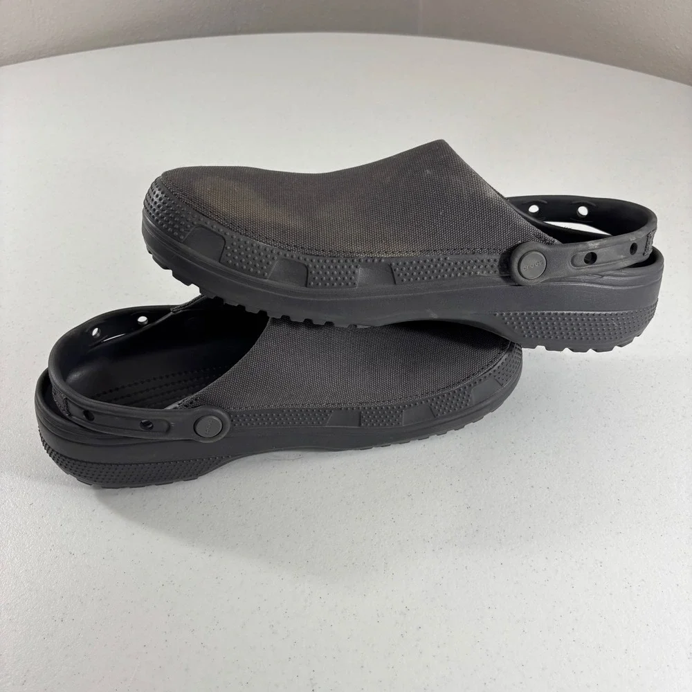 Crocs Classic Crafted Clogs Mens 12 Black Canvas Textile Upper Strap Shoes EUC!